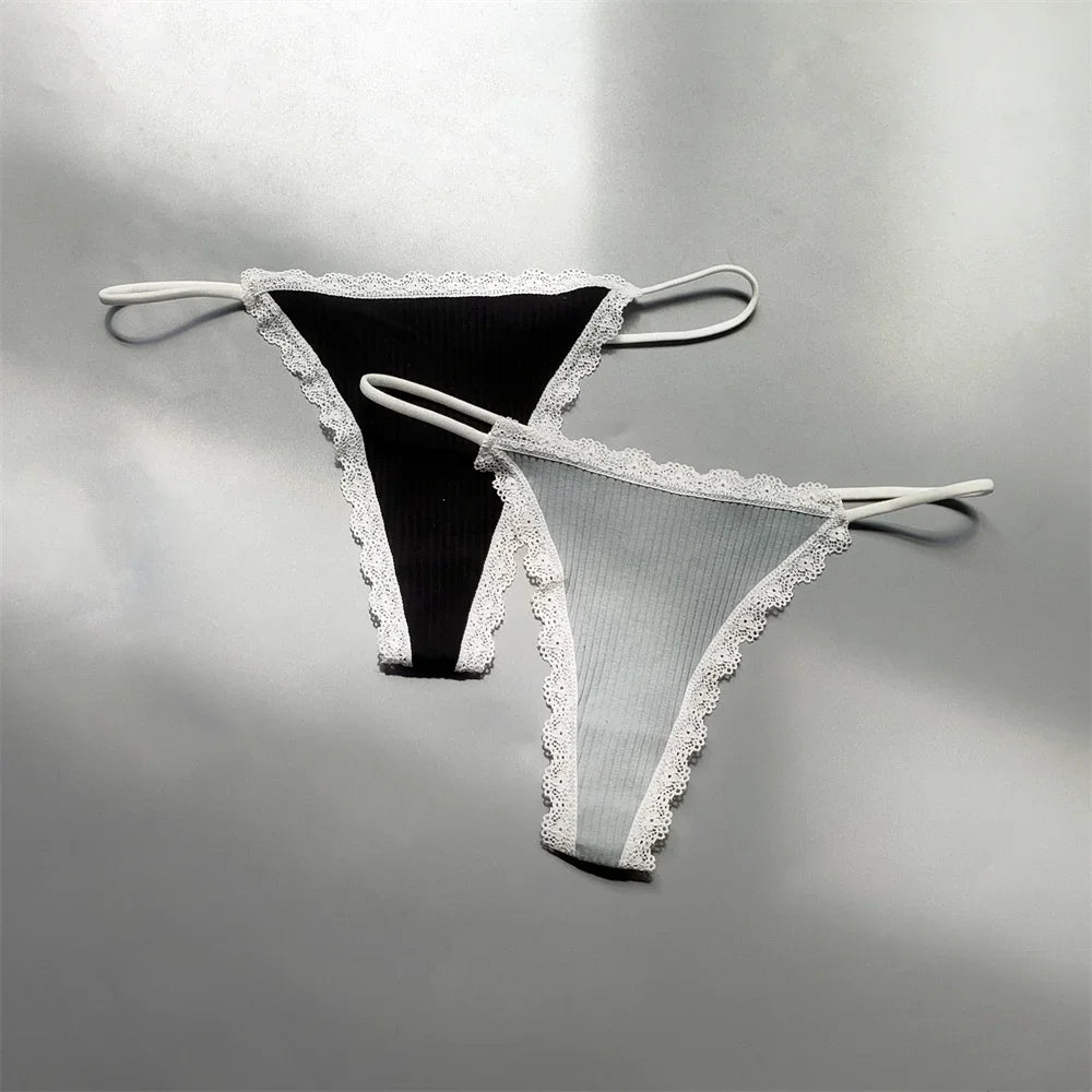 2PCS Cotton Lace Trim Underwear Woman Sexy Thong Lingerie Soft Ribbed Strings T-back Underwear Plus Size S-XL