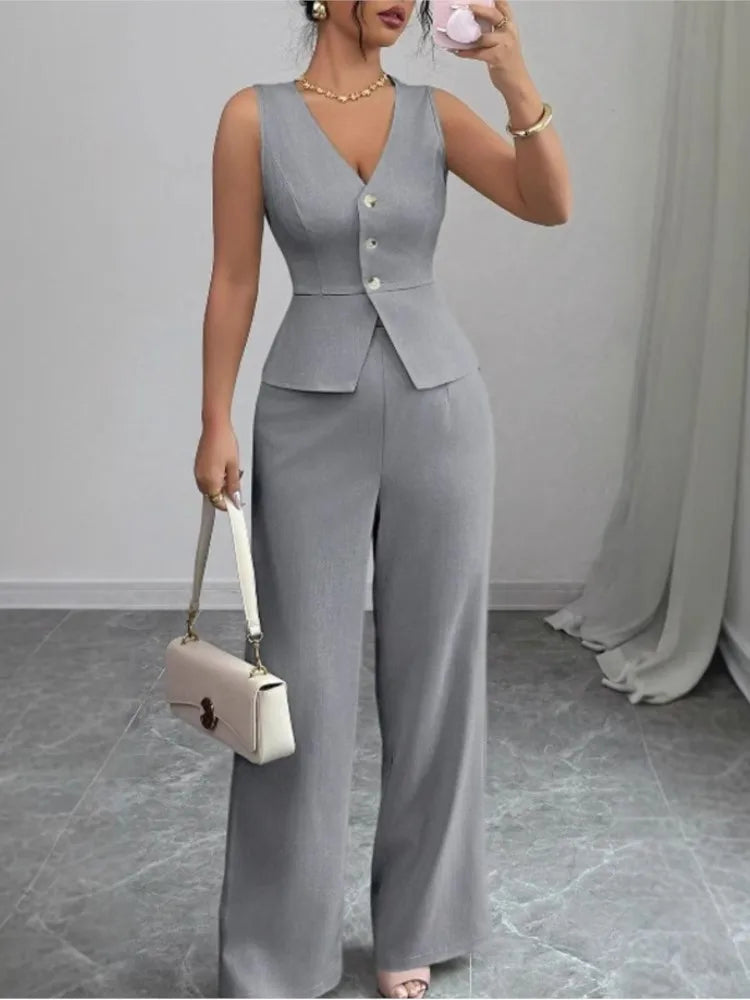 2026 Summer New Solid Color Two Piece Sets Women V-neck Sleeveless Slim Single-breasted Vest Top + Wide-leg Trousers 2-piece Set