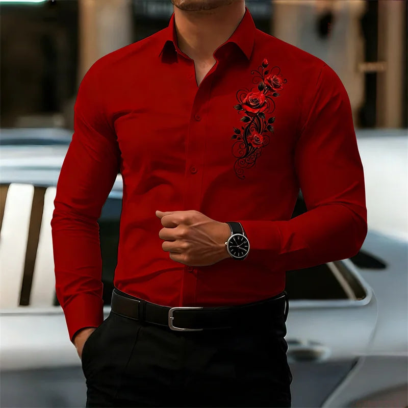 Men's Long-Sleeved Shirt, Featuring a Vintage Red Rose Print Design. A Stylish Business Casual Shirt and Fashionable Men's Top.