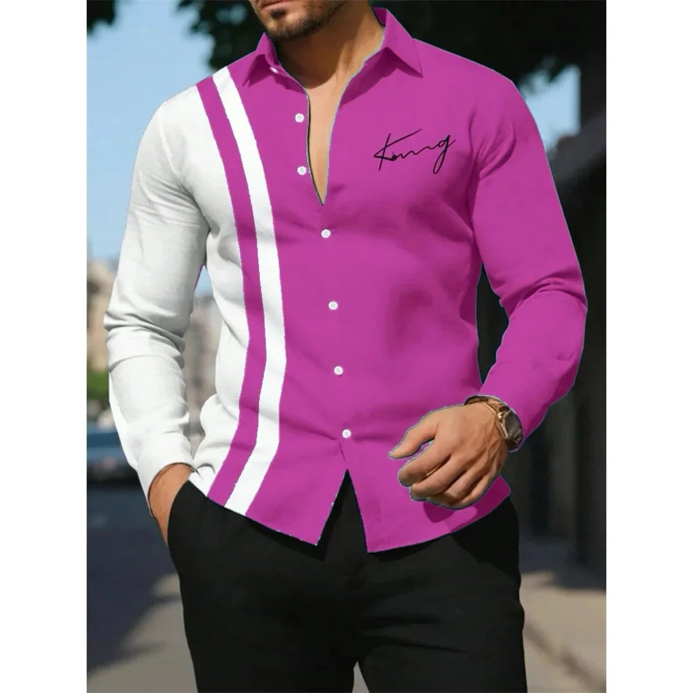 Men's Shirt Letter Striped Print Men's Long-Sleeved Shirt Autumn Casual Tops Beach Men Clothing Oversized Men's Fashion Shirts