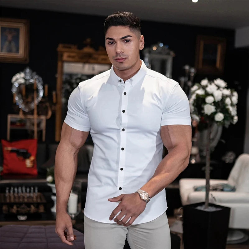 Summer Fashion Short Sleeve Shirt Men Super Slim Fit Male Casual Social Business Dress Shirt Brand Men Fitness Sports Clothing