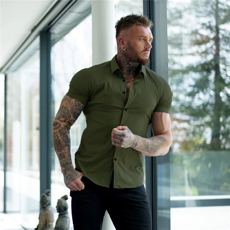 Summer Fashion Short Sleeve Shirt Men Super Slim Fit Male Casual Social Business Dress Shirt Brand Men Fitness Sports Clothing