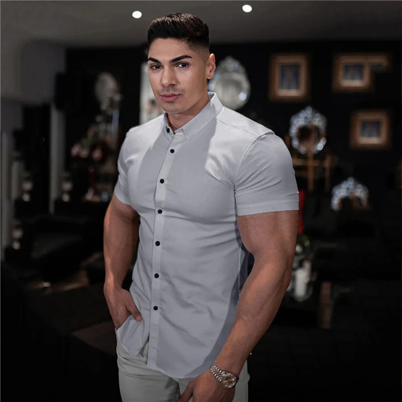 Summer Fashion Short Sleeve Shirt Men Super Slim Fit Male Casual Social Business Dress Shirt Brand Men Fitness Sports Clothing