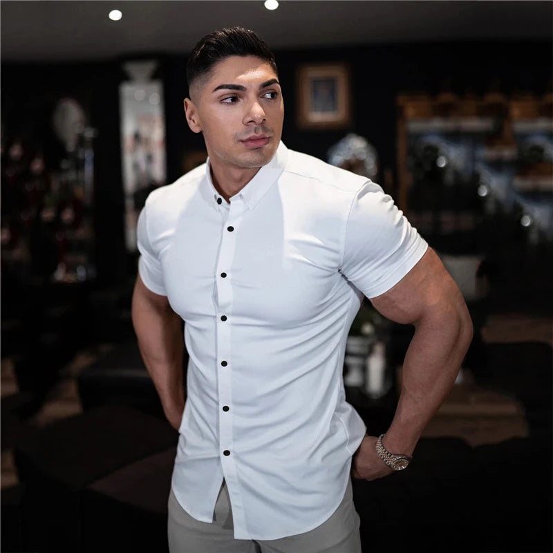 Summer Fashion Short Sleeve Shirt Men Super Slim Fit Male Casual Social Business Dress Shirt Brand Men Fitness Sports Clothing