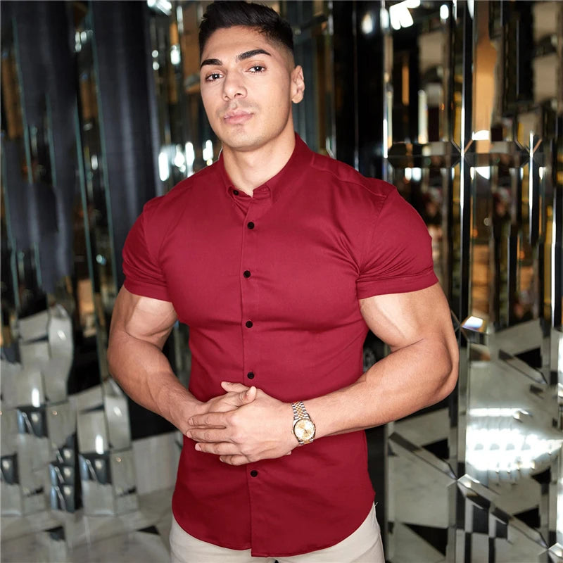 Summer Fashion Short Sleeve Shirt Men Super Slim Fit Male Casual Social Business Dress Shirt Brand Men Fitness Sports Clothing