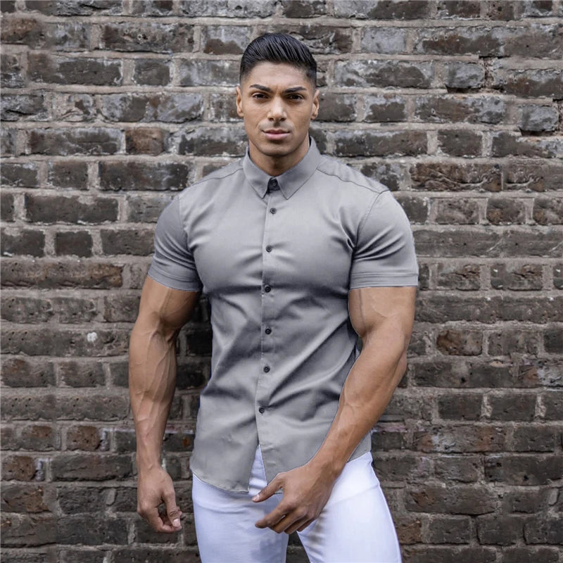 Summer Fashion Short Sleeve Shirt Men Super Slim Fit Male Casual Social Business Dress Shirt Brand Men Fitness Sports Clothing