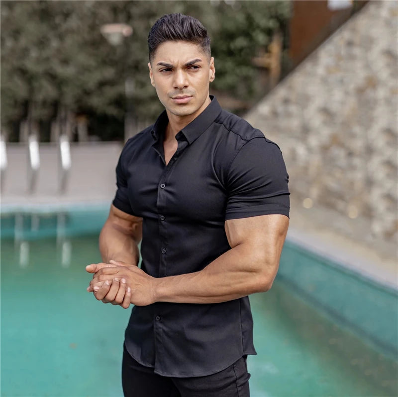 Summer Fashion Short Sleeve Shirt Men Super Slim Fit Male Casual Social Business Dress Shirt Brand Men Fitness Sports Clothing