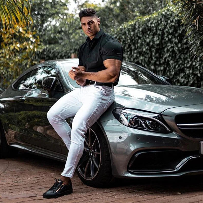 Summer Fashion Short Sleeve Shirt Men Super Slim Fit Male Casual Social Business Dress Shirt Brand Men Fitness Sports Clothing