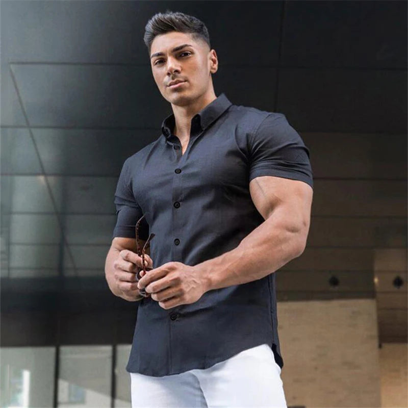 Summer Fashion Short Sleeve Shirt Men Super Slim Fit Male Casual Social Business Dress Shirt Brand Men Fitness Sports Clothing