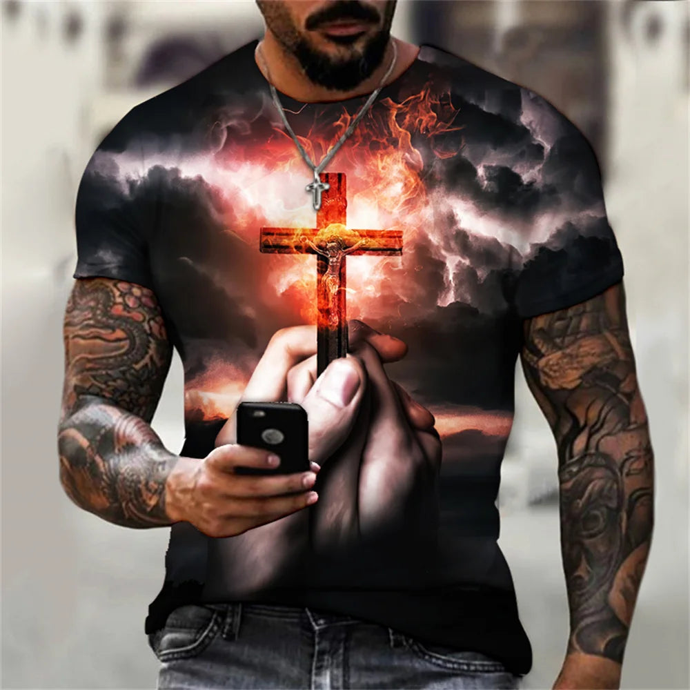 New Fashion Personality Men's T-Shirt Christian Cross Pattern 3D Printed Retro Short Sleeve O Neck Quick Dry High Quality Top