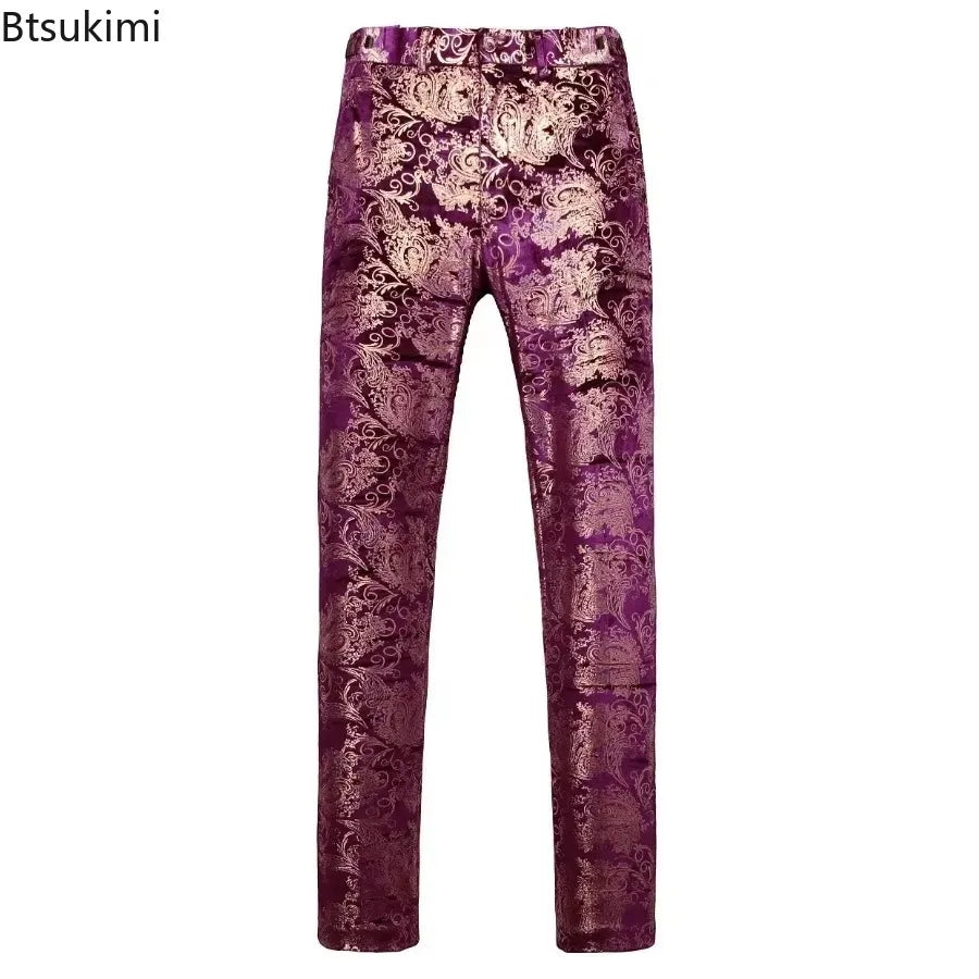 2026 Men's Luxury Gold Stamping Floral Suit Pants Casual Flat Front Expandable Waist Trousers Men's Party Wedding Prom Pantalon