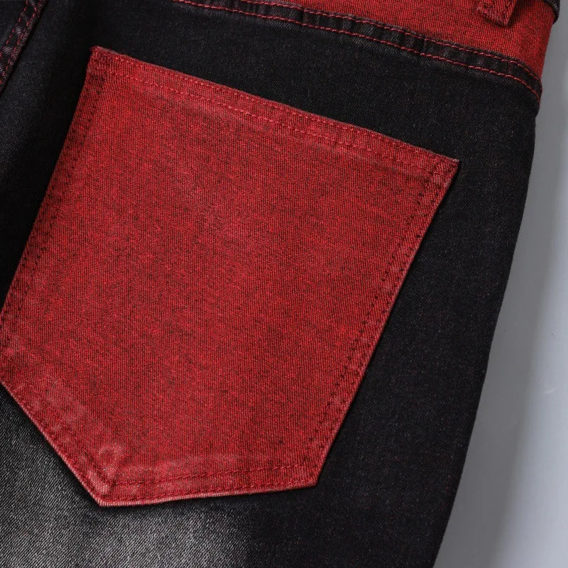Men's Black Stretch Jeans for Spring and Fall, Denim Pants with Red Ripped Details, Asian Sizes 28–42.
