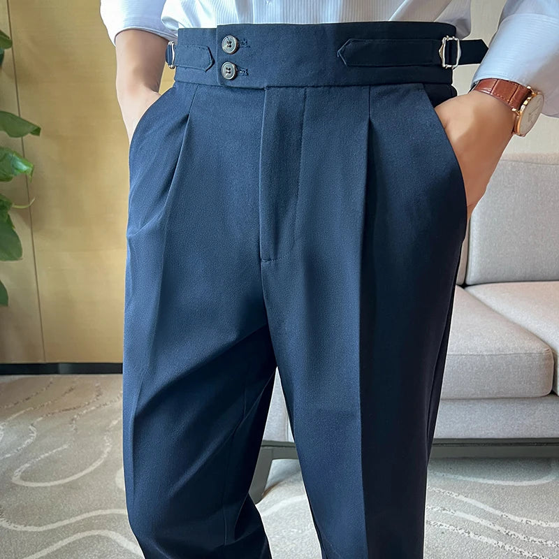 High Quality Neapolitan Mens Suit Pants, Slim Fit Casual Trousers, Blue Vintage High Waist Dress Pants Men ，pantalon Homme Luxe