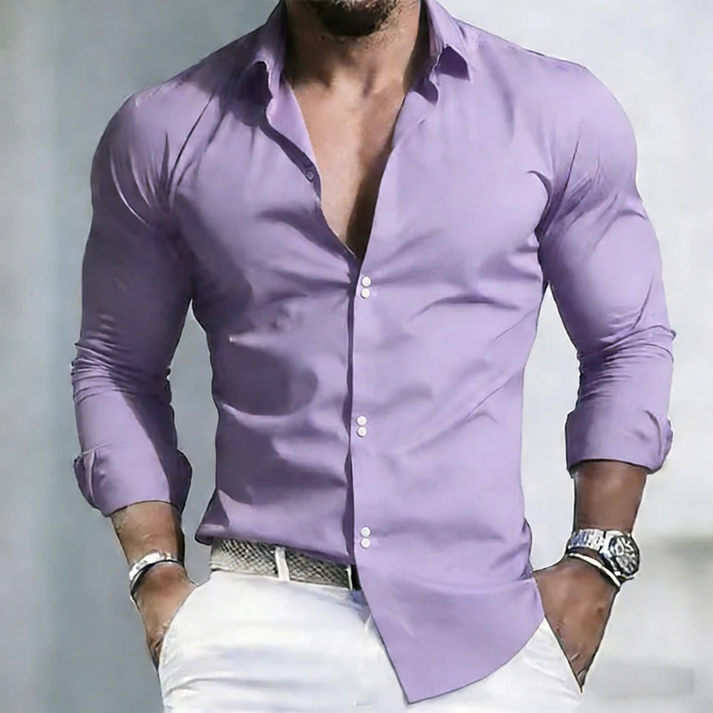 2026 Solid Color Men's Shirt Casual White Shirt High Quality Solid Color Long Sleeve Stretch Fabric Business Formal Shirt XS-6XL