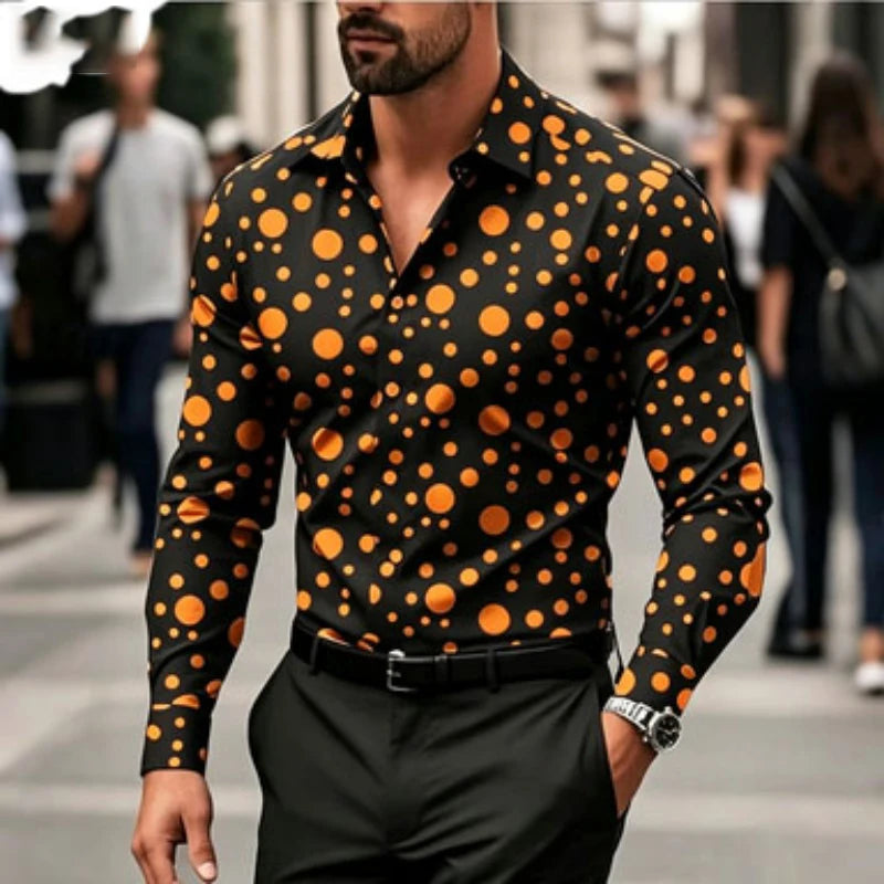Men's shirt with polka dot print long sleeved shirt, outdoor casual style, slim fit collar shirt, men's casual formal top