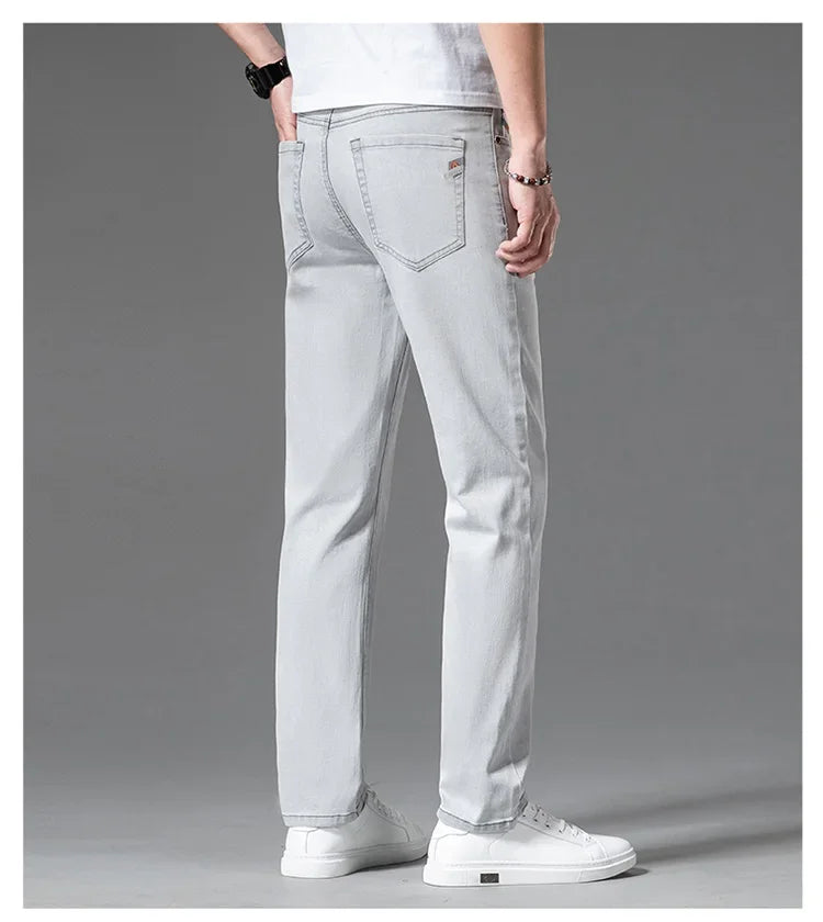 2024 New in Streetwear New Men's Light Gray Thin Slim Fit Jeans  Business Stretch Denim Trousers Male Pants