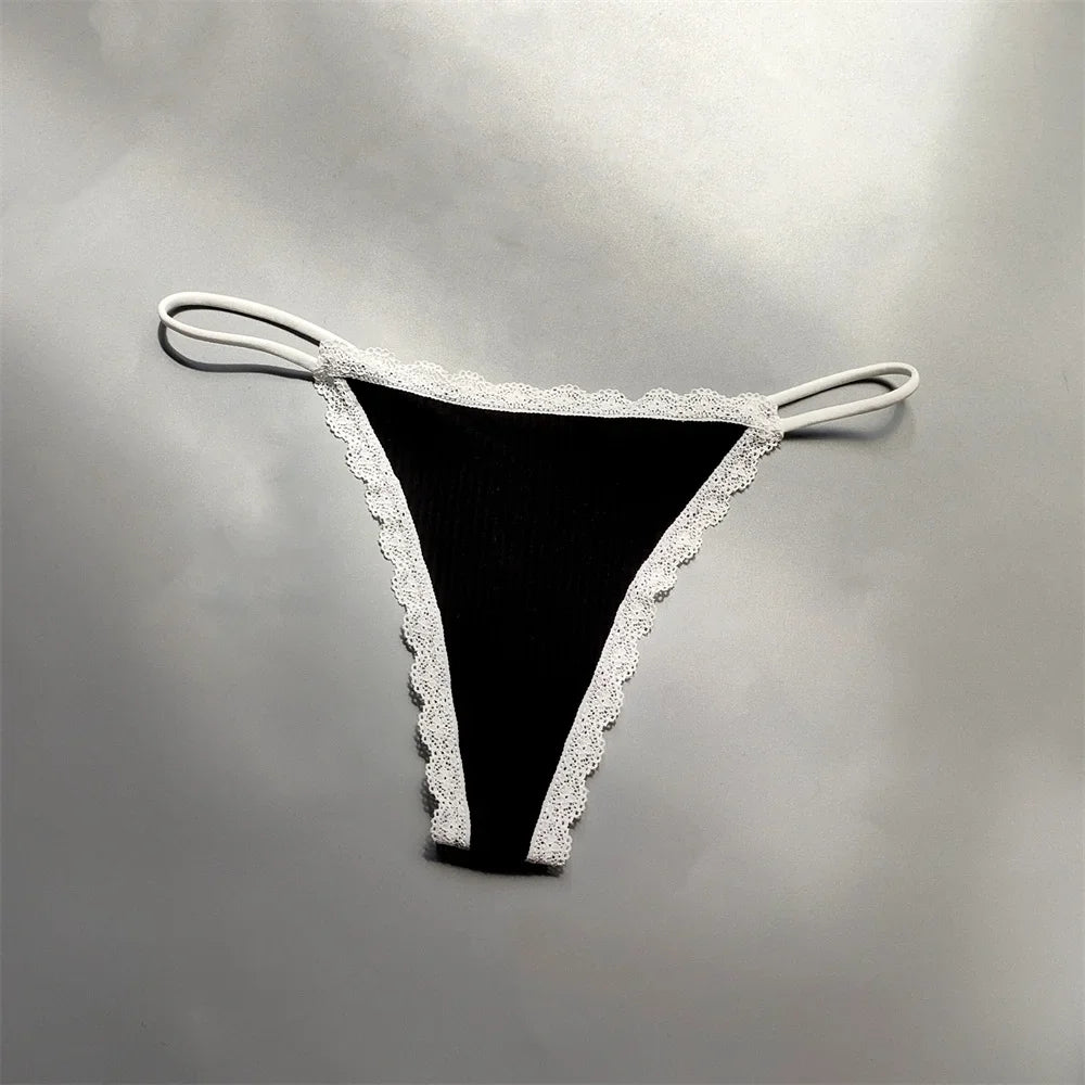 2PCS Cotton Lace Trim Underwear Woman Sexy Thong Lingerie Soft Ribbed Strings T-back Underwear Plus Size S-XL