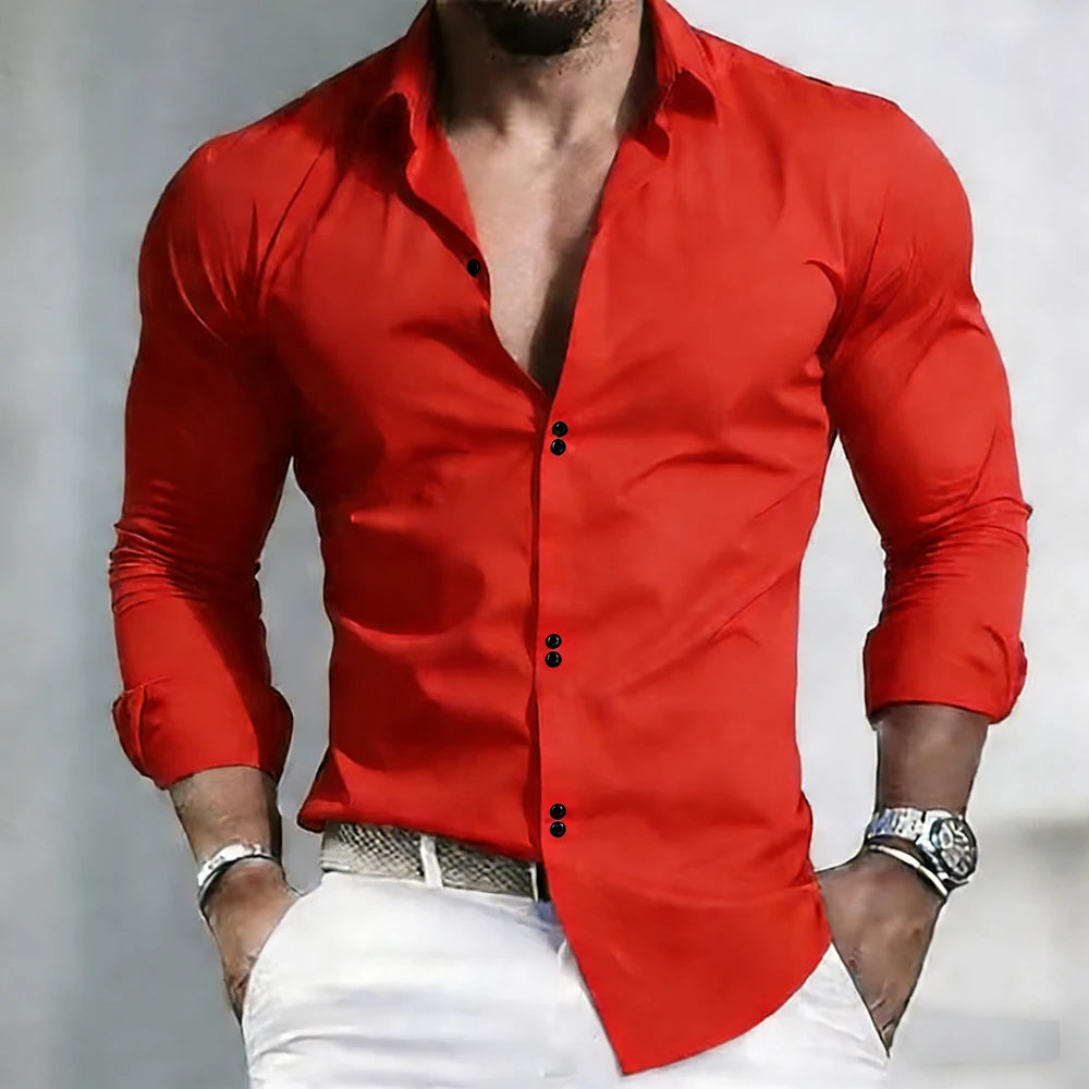 2026 Solid Color Men's Shirt Casual White Shirt High Quality Solid Color Long Sleeve Stretch Fabric Business Formal Shirt XS-6XL