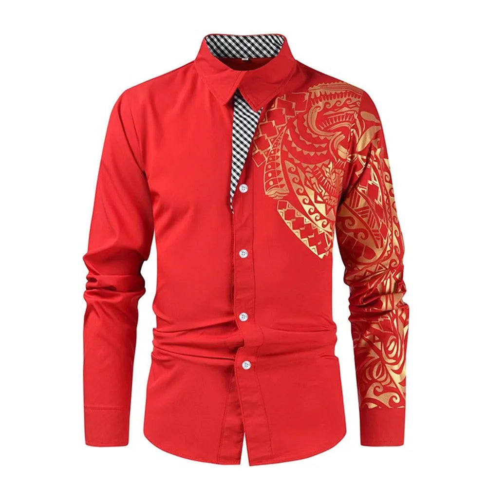 New Fashion Men's Shirt Gold Stamping Printing Long Sleeve Shirt Slim Fit Causal Turn Down Collar Hot Sale
