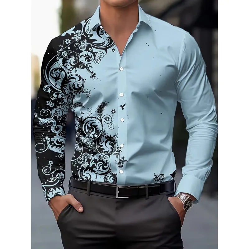 Men's Long Sleeve Geometric Line Print Dress Shirt Slim Fit Formal Casual Button Down Business Top Camisa Masculina De Negócios