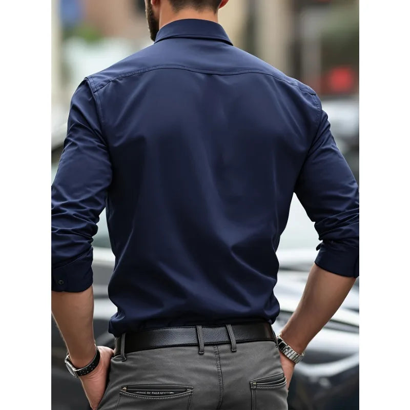 FGKKS New Men Casual Shirt Brand Fashion Solid Color Long Sleeve Elastic Fabric Male Business Dress Shirt