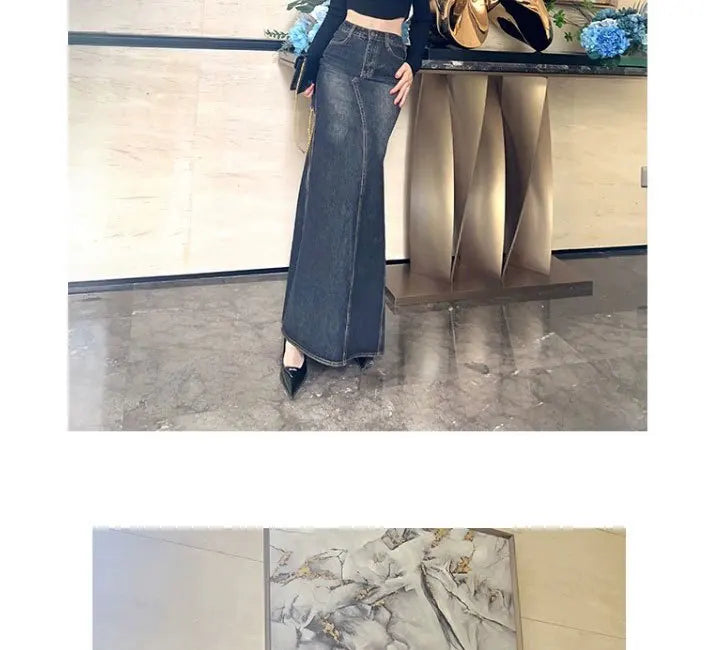 Maxi Skirt Women Casual Mermaid Streatwear High Waist Zipper Denim Skirts Y2k Streetwear Loose Long Mom Jeans Ankle Lenth Summer