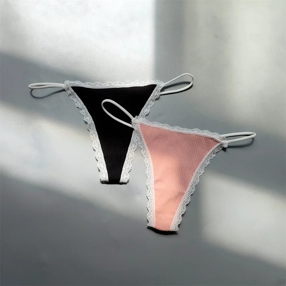 2PCS Cotton Lace Trim Underwear Woman Sexy Thong Lingerie Soft Ribbed Strings T-back Underwear Plus Size S-XL