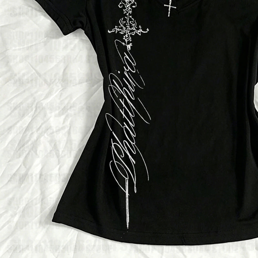 T Shirts Women V Neck Slim Vintage Printing Elegant Grunge Gothic Y2k Aesthetic Harajuku Tops Ladies Casual Tee Shirt