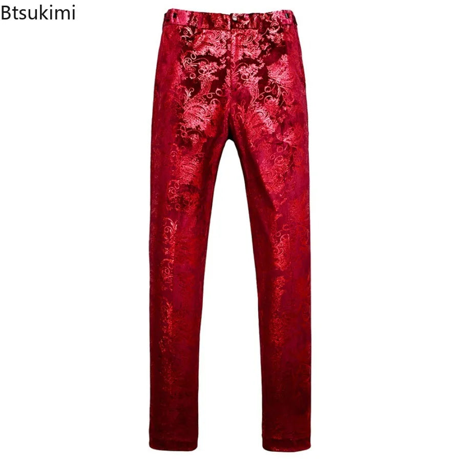 2026 Men's Luxury Gold Stamping Floral Suit Pants Casual Flat Front Expandable Waist Trousers Men's Party Wedding Prom Pantalon