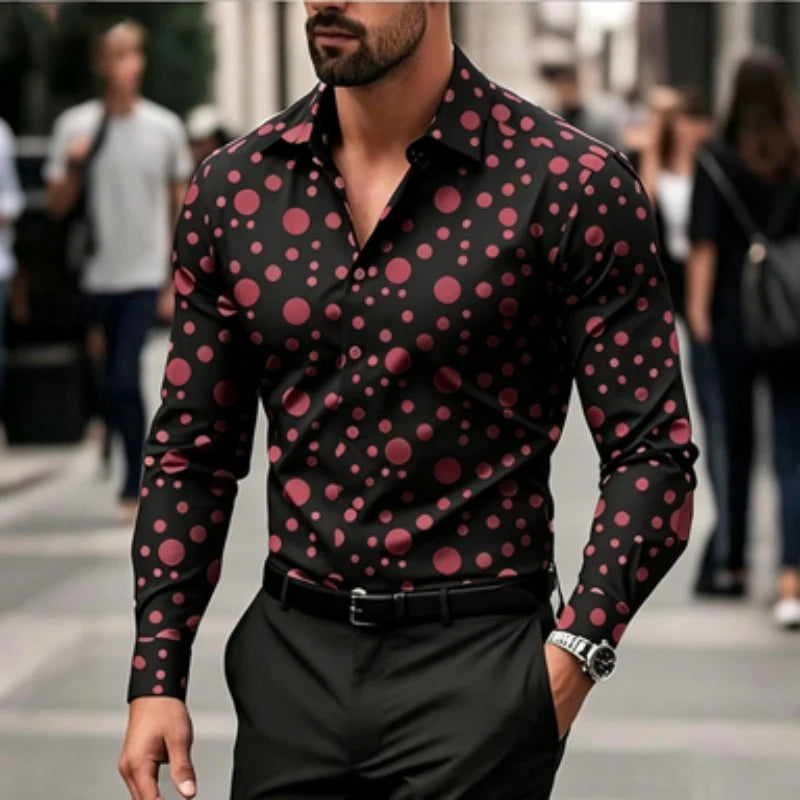 Men's shirt with polka dot print long sleeved shirt, outdoor casual style, slim fit collar shirt, men's casual formal top