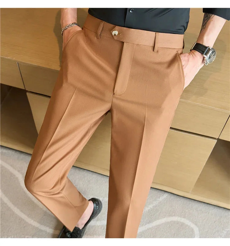 2025  New Autumn Green Premium Dark Stripe Formal Pants for Men,Coffee Slim Small Foot Mens Casual Trousers/Dress Pants Men