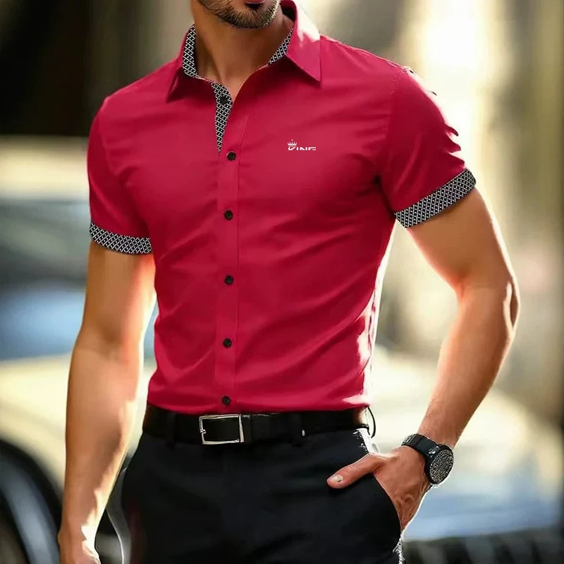 Men Contrast Trim Short Sleeve Dress Shirt Dark Green Slim Button Up Shirt Male Business Casual Formal Office Work Shirts