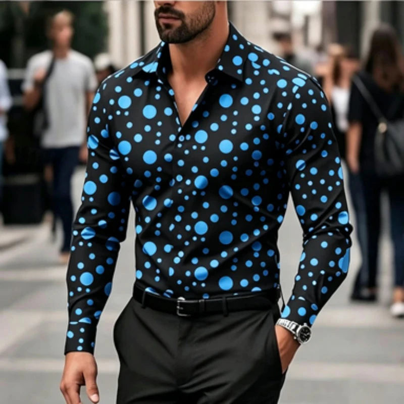Men's shirt with polka dot print long sleeved shirt, outdoor casual style, slim fit collar shirt, men's casual formal top