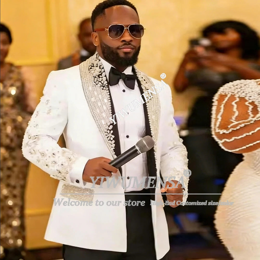 Luxury Beads Crystals Men Suit Attire Shiny Lapel Groom Tuxedos 2 Piece Man Fashion Party Prom Blazer Customized Costume Homme