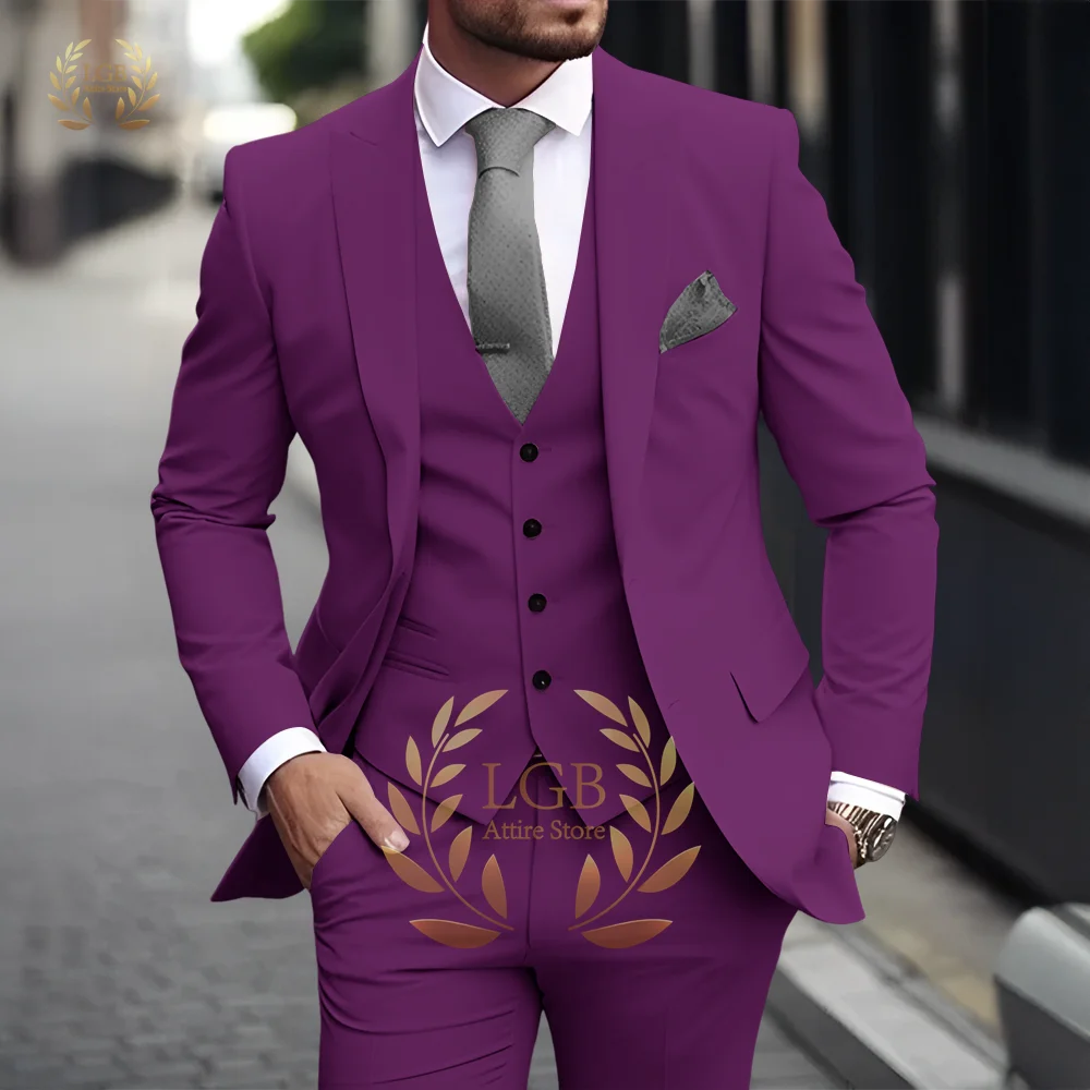 Men's Khaki 3-Piece Suit Classic Peak Lapel Business Formal Wedding Groom Slim Fit Elegant Gentleman Style Fashion Blazer