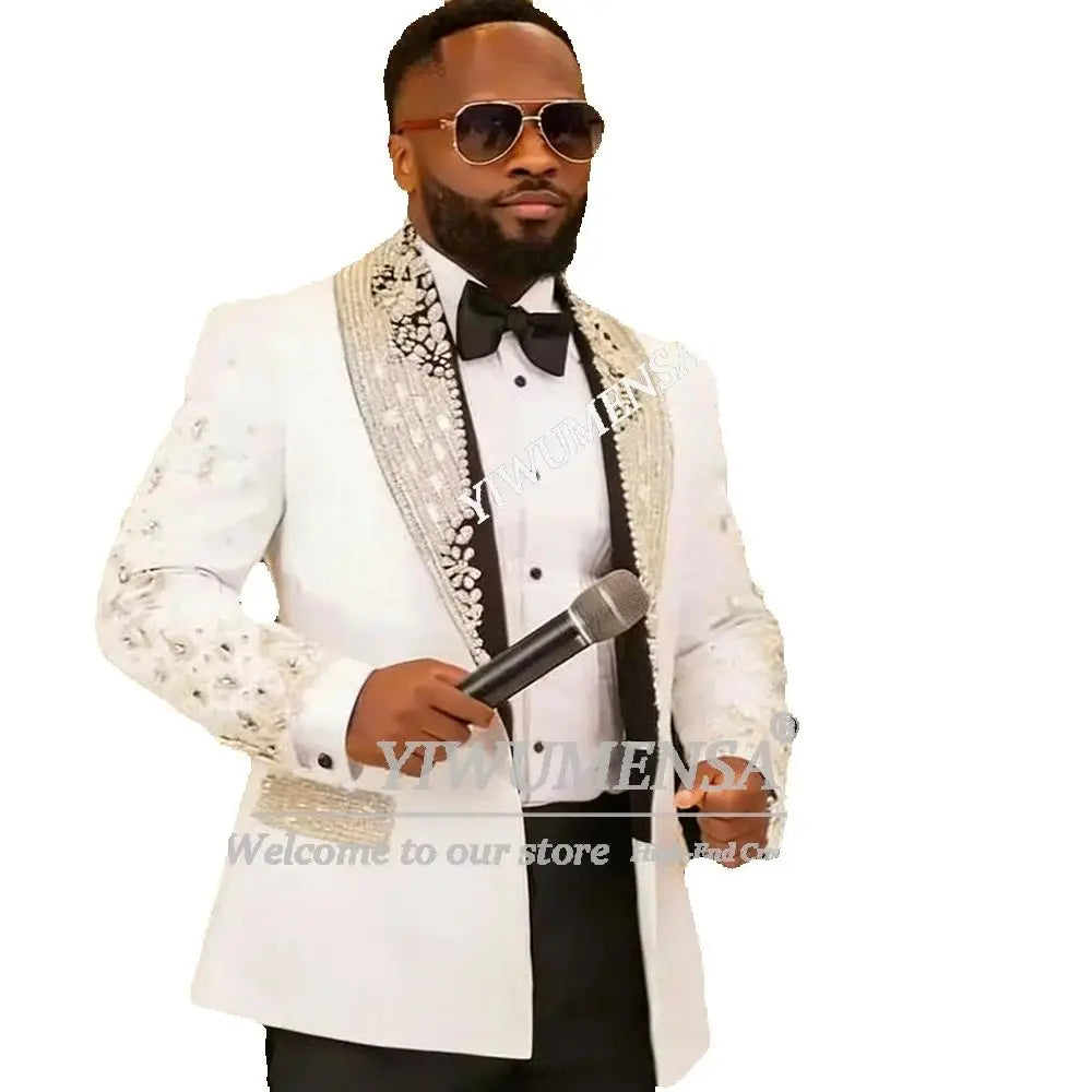 Luxury Beads Crystals Men Suit Attire Shiny Lapel Groom Tuxedos 2 Piece Man Fashion Party Prom Blazer Customized Costume Homme