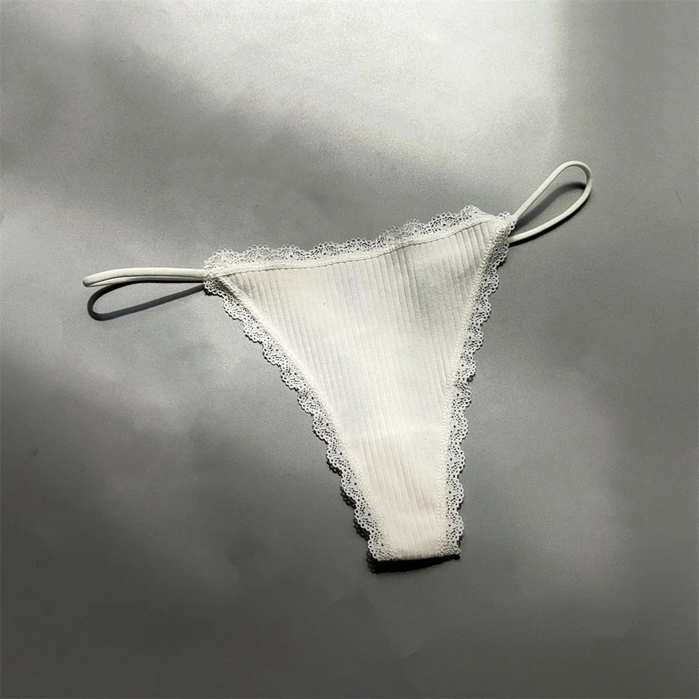 2PCS Cotton Lace Trim Underwear Woman Sexy Thong Lingerie Soft Ribbed Strings T-back Underwear Plus Size S-XL