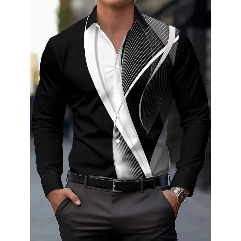Men's Long Sleeve Geometric Line Print Dress Shirt Slim Fit Formal Casual Button Down Business Top Camisa Masculina De Negócios
