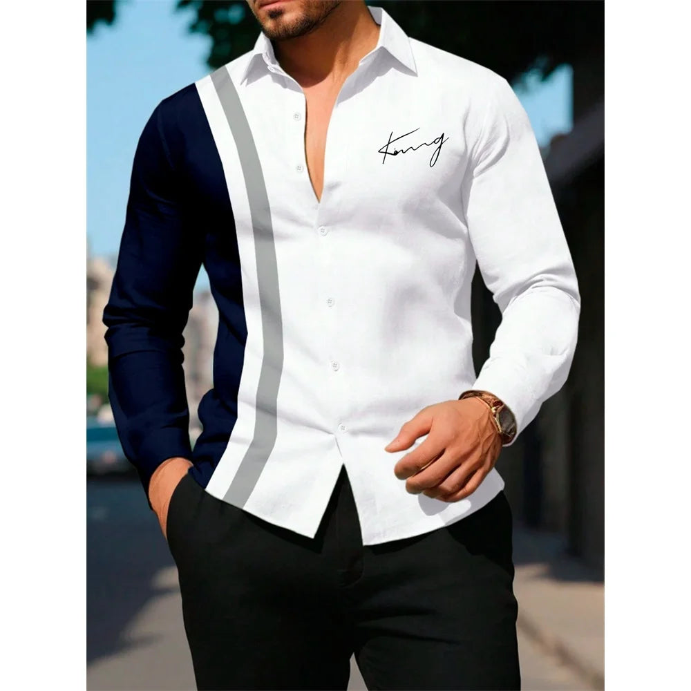 Men's Shirt Letter Striped Print Men's Long-Sleeved Shirt Autumn Casual Tops Beach Men Clothing Oversized Men's Fashion Shirts