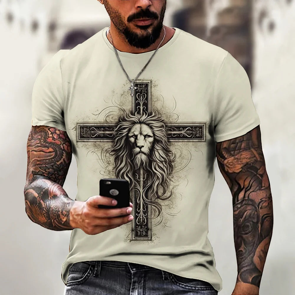 New Fashion Personality Men's T-Shirt Christian Cross Pattern 3D Printed Retro Short Sleeve O Neck Quick Dry High Quality Top