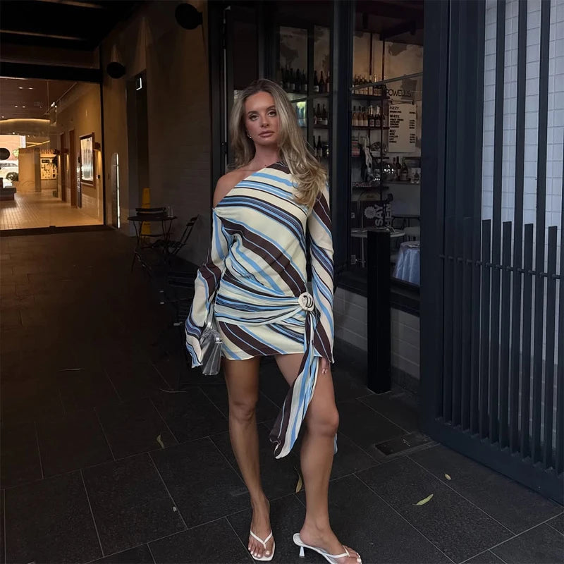 Lady Long Sleeve Striped Dress High Waist Stretch Beach Daily Casual Lace Up Soft Mini Dresses 2026 Fashionable Vacation Gowns