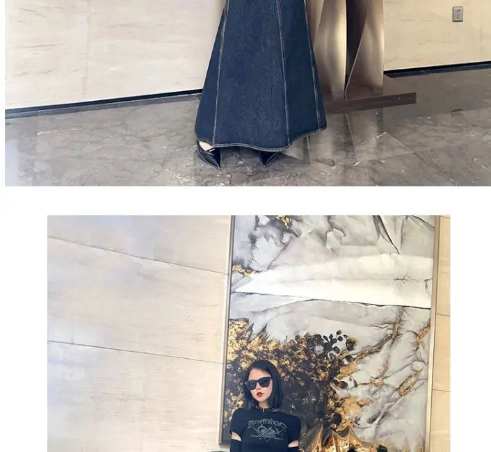 Maxi Skirt Women Casual Mermaid Streatwear High Waist Zipper Denim Skirts Y2k Streetwear Loose Long Mom Jeans Ankle Lenth Summer