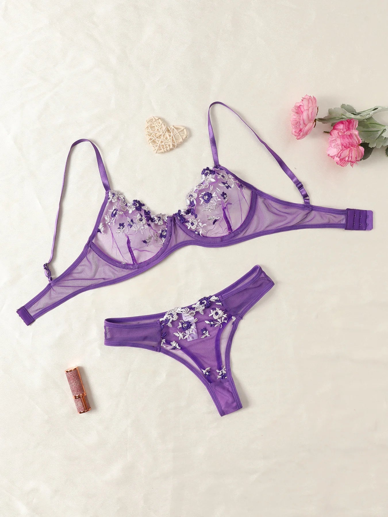 Purple Fancy Lingerie Set Female Underwear Embroidery Flower Bra And Panty Sets Women Outfits