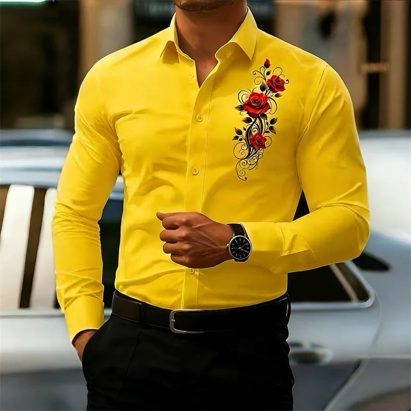 Men's Long-Sleeved Shirt, Featuring a Vintage Red Rose Print Design. A Stylish Business Casual Shirt and Fashionable Men's Top.