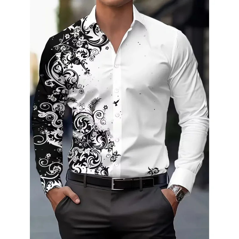 Men's Long Sleeve Geometric Line Print Dress Shirt Slim Fit Formal Casual Button Down Business Top Camisa Masculina De Negócios