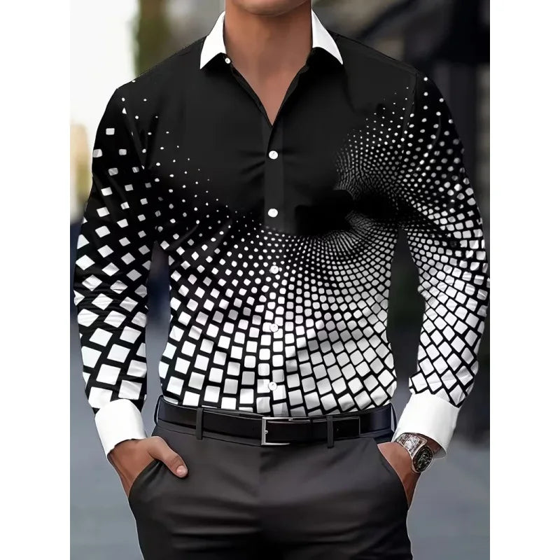 Men's Long Sleeve Geometric Line Print Dress Shirt Slim Fit Formal Casual Button Down Business Top Camisa Masculina De Negócios