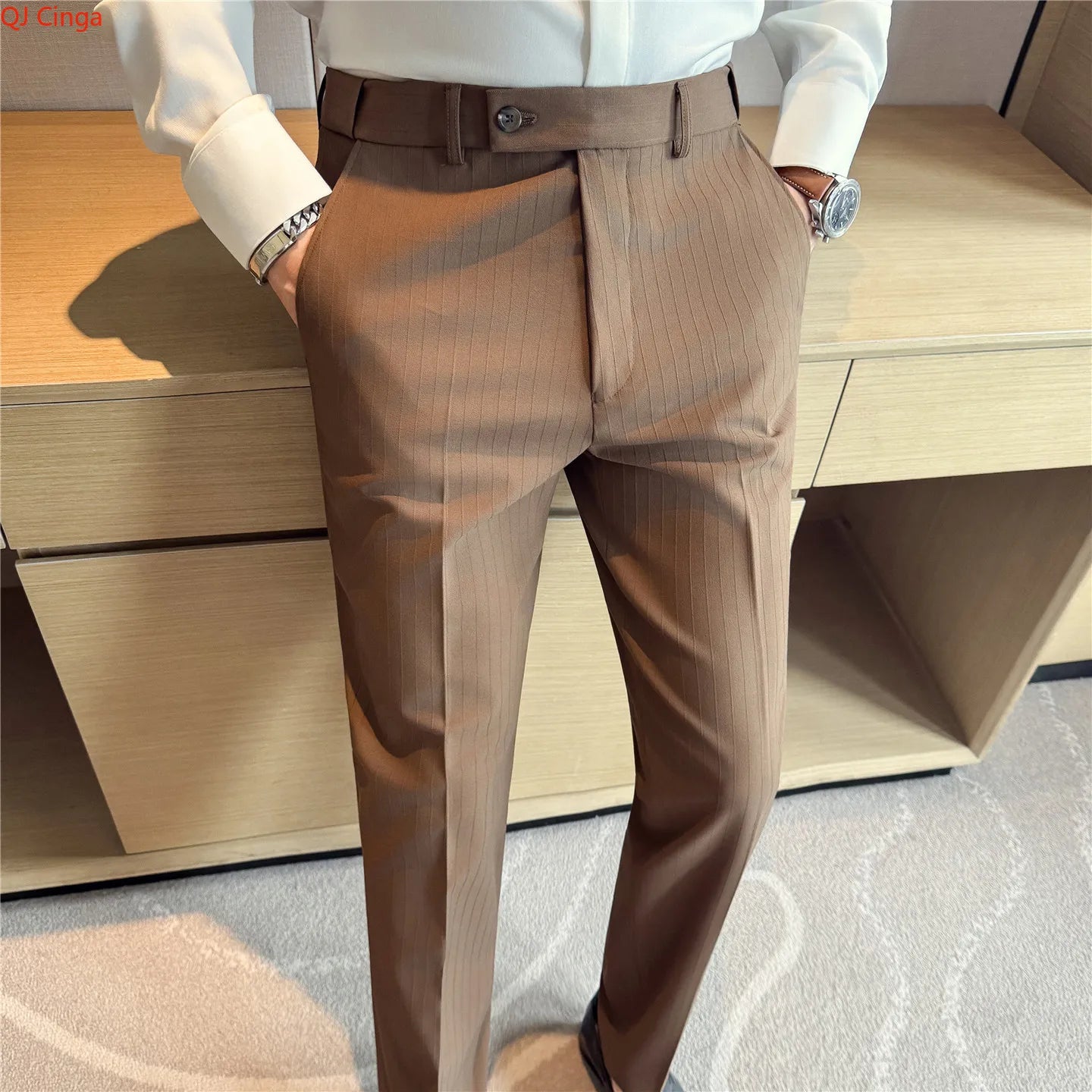 2026 Men's Suit Pants – Striped Formal Trousers in Brown, High-Quality Business Slim Fit Dress Pants for Office & Wedding Wear.