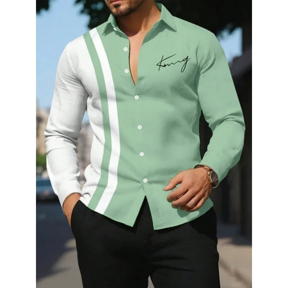 Men's Shirt Letter Striped Print Men's Long-Sleeved Shirt Autumn Casual Tops Beach Men Clothing Oversized Men's Fashion Shirts