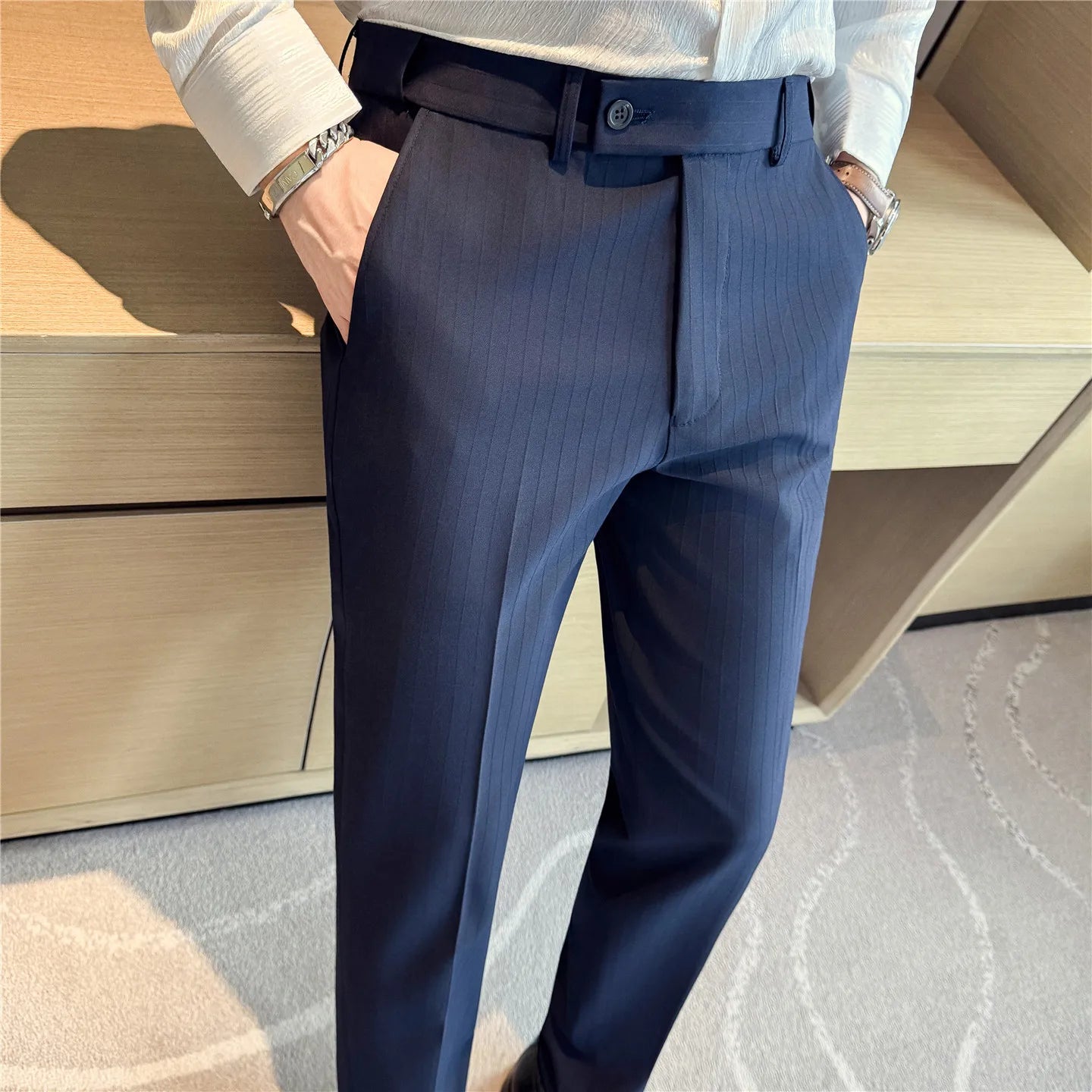 2026 Men's Suit Pants – Striped Formal Trousers in Brown, High-Quality Business Slim Fit Dress Pants for Office & Wedding Wear.