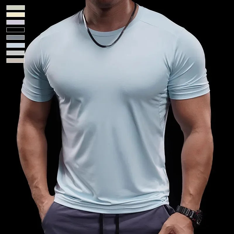 Summer New Basketball Men's Running Training Sports Gym Fitness High Elastic Quick-drying Casual Short-sleeved T-shirt Tops